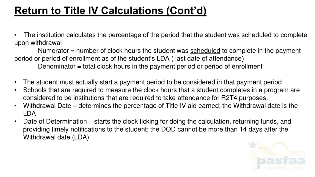 return to title iv calculations cont d