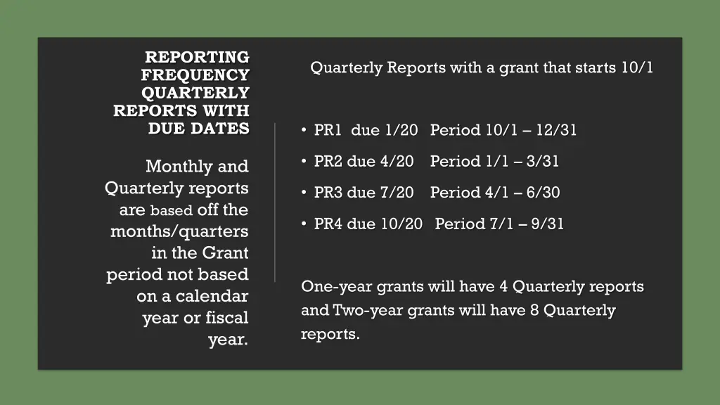reporting frequency quarterly reports with