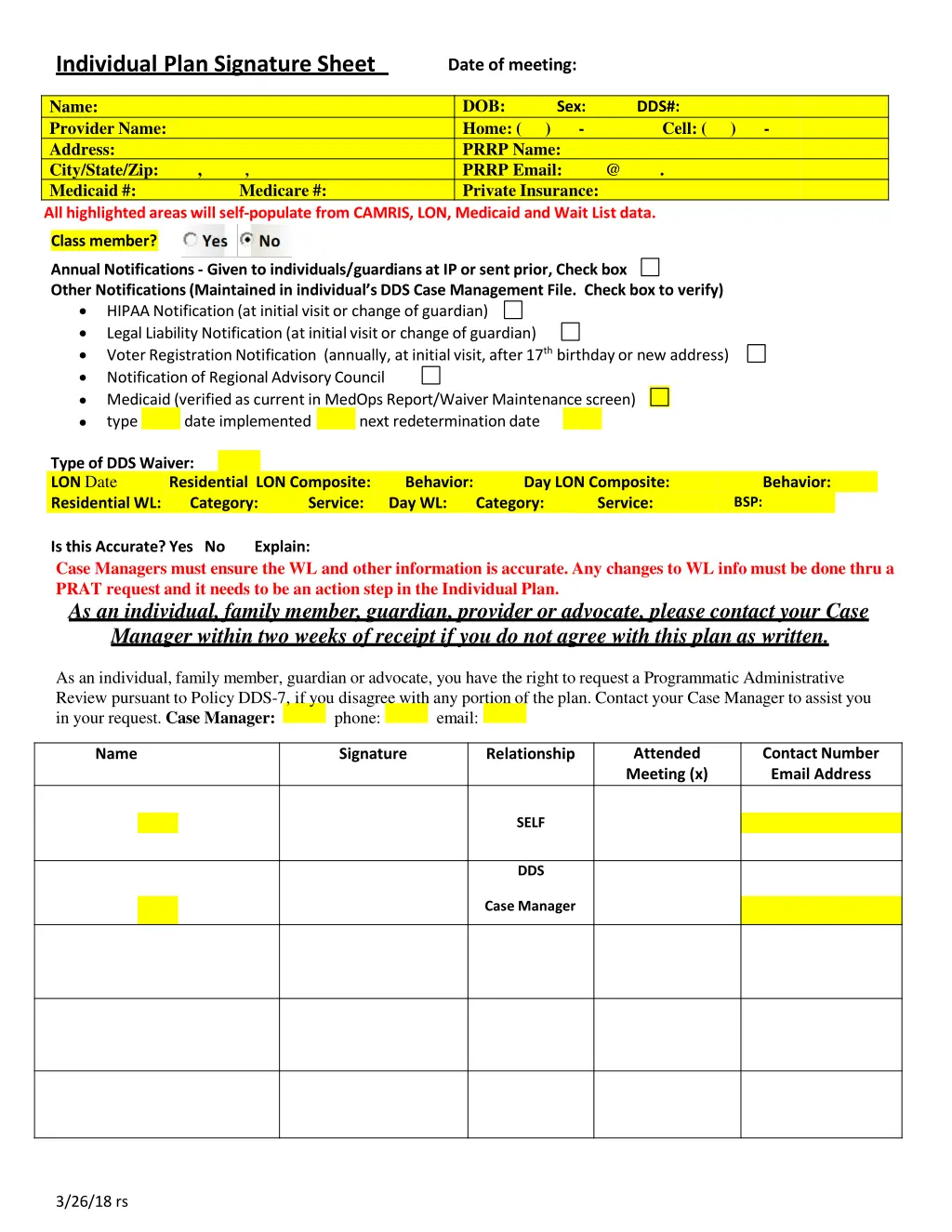 individual plan signature sheet