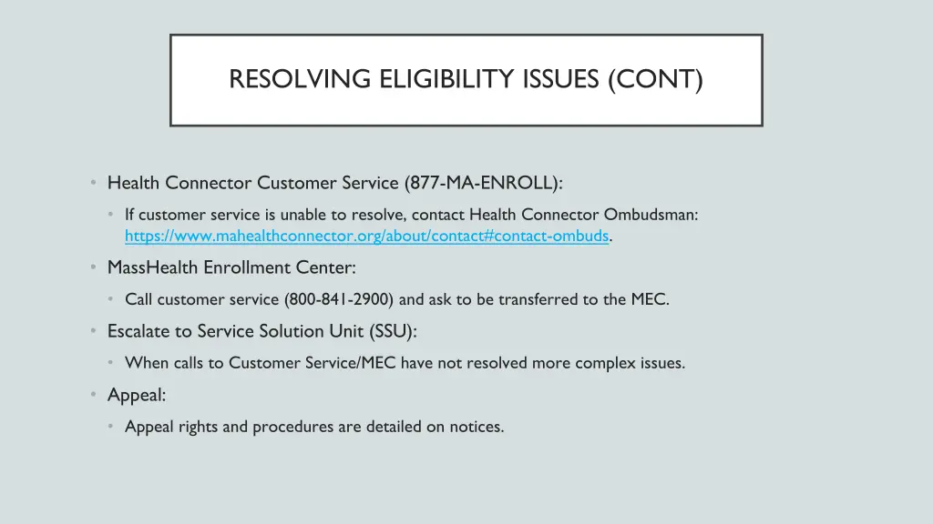 resolving eligibility issues cont