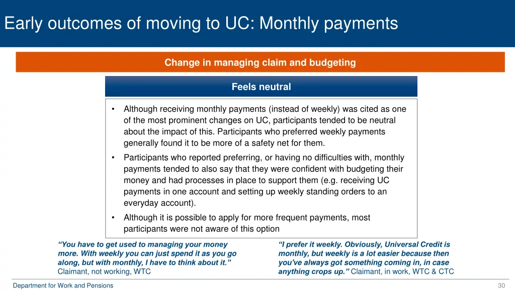 early outcomes of moving to uc monthly payments