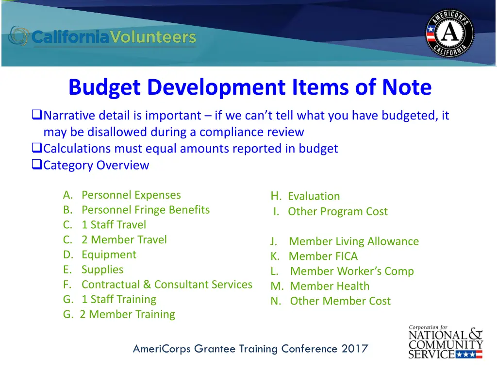 budget development items of note narrative detail