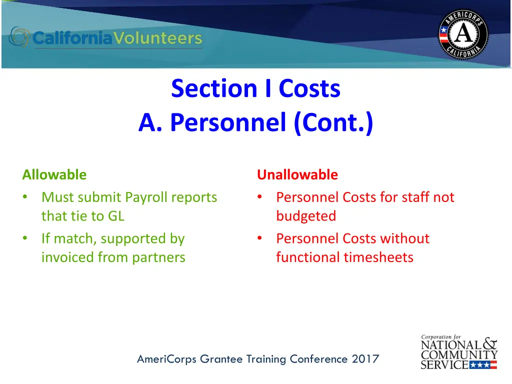 section i costs a personnel cont