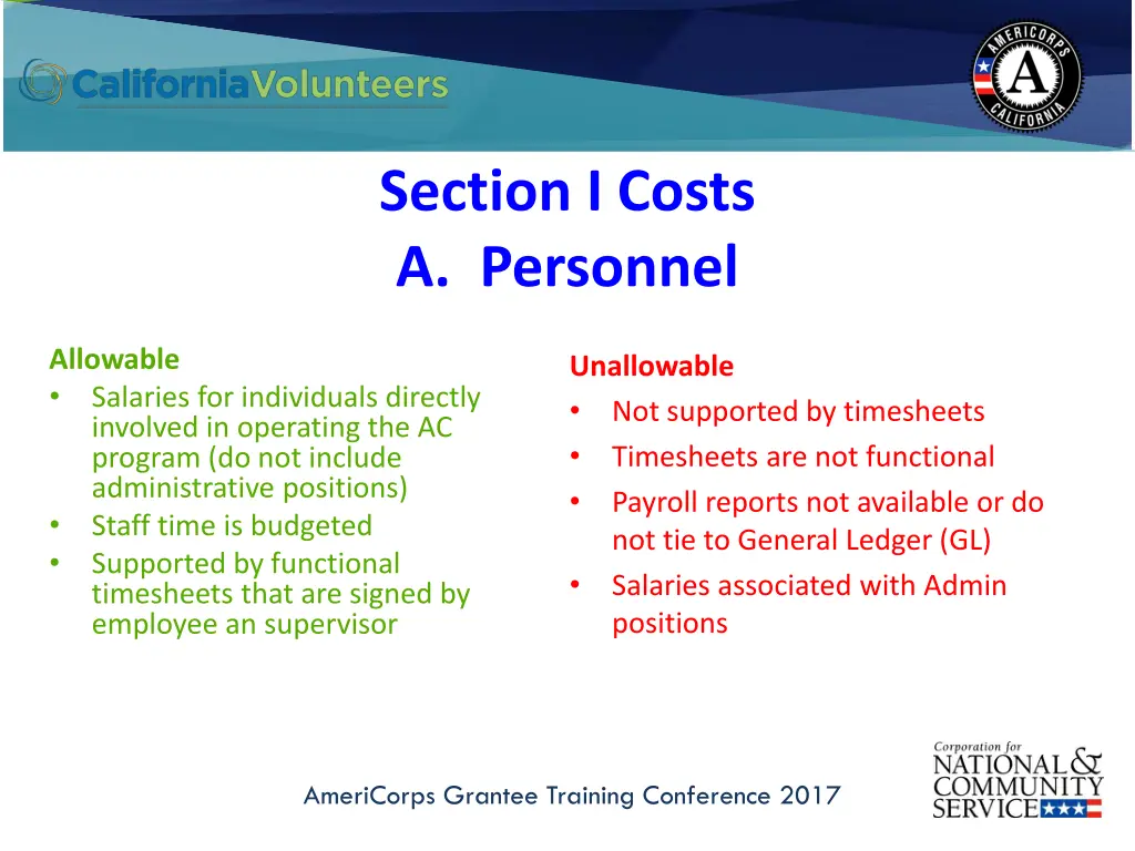 section i costs a personnel