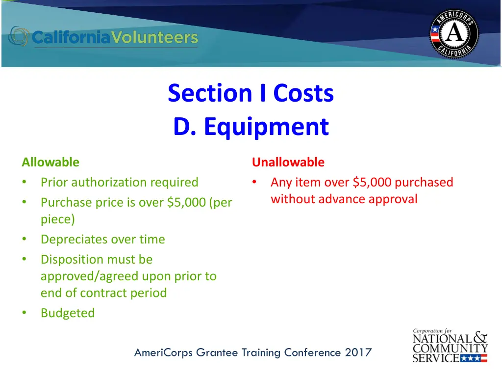 section i costs d equipment