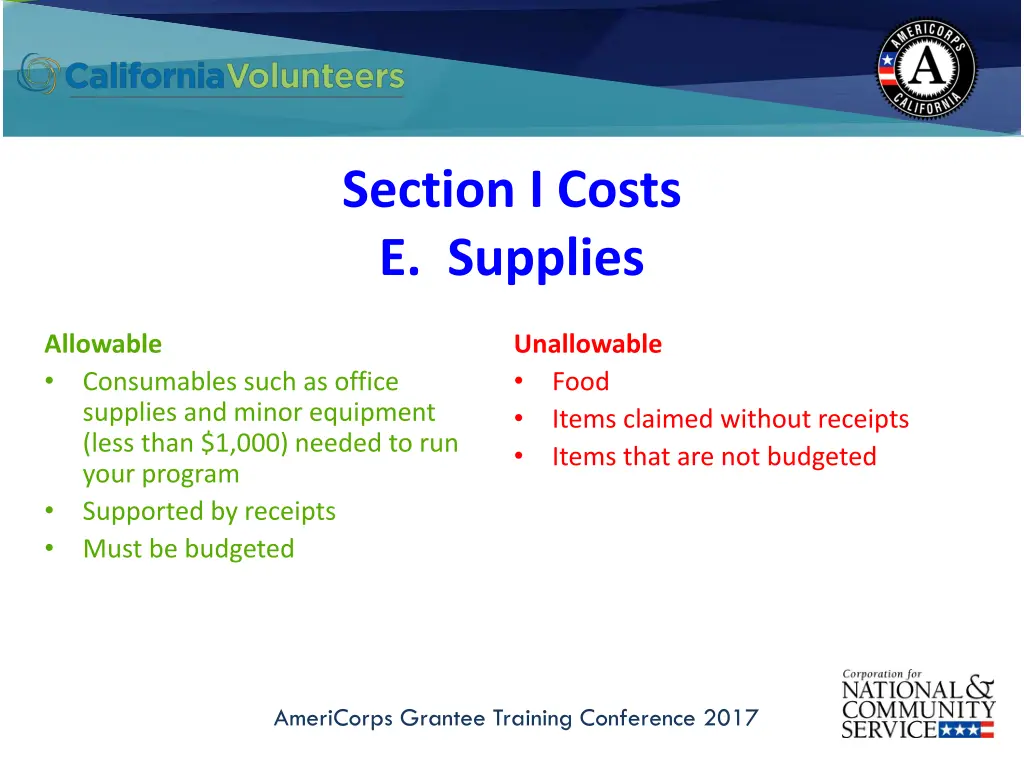 section i costs e supplies