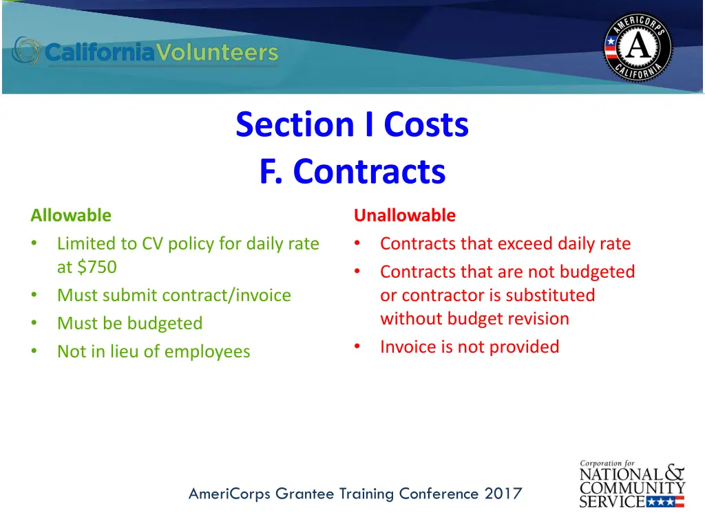 section i costs f contracts
