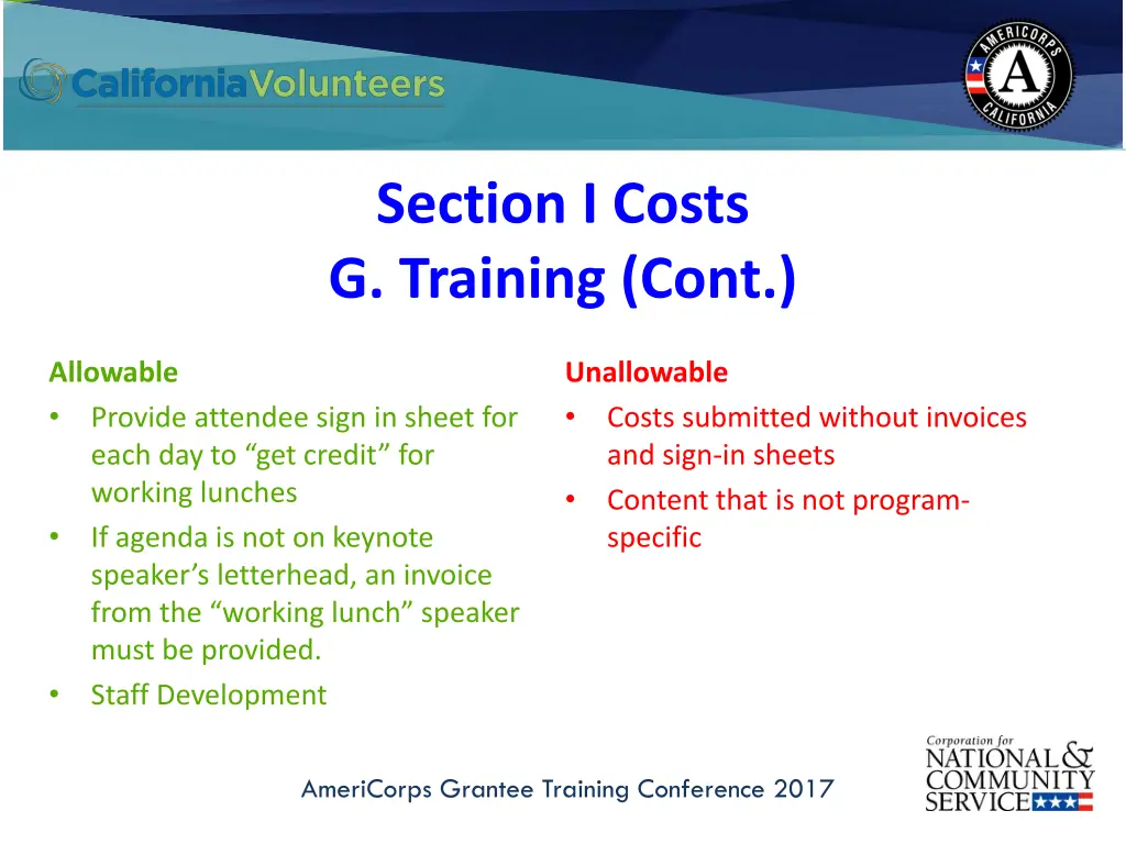 section i costs g training cont