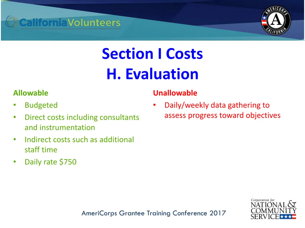 section i costs h evaluation