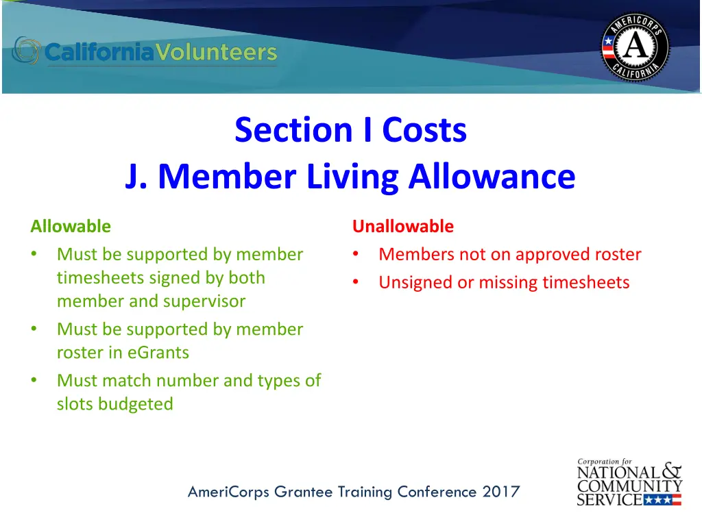 section i costs j member living allowance