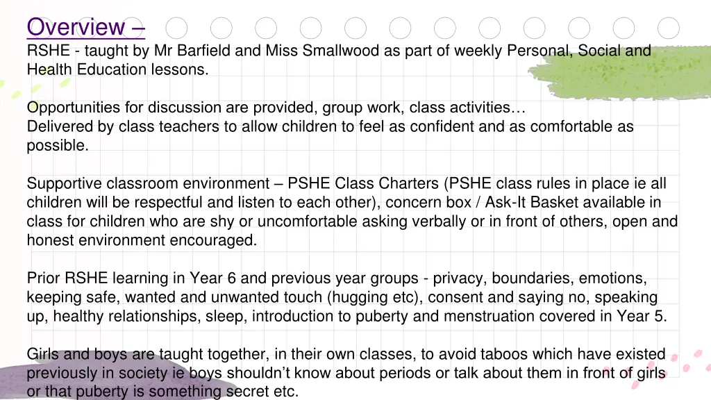 overview rshe taught by mr barfield and miss