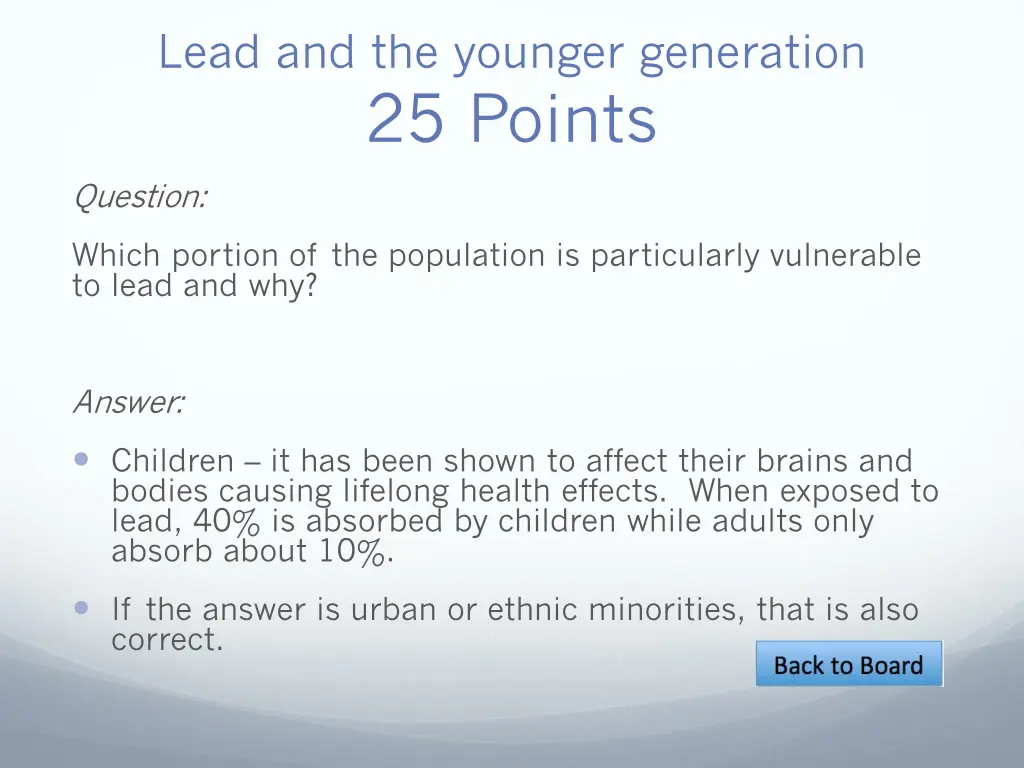 lead and the younger generation 25 points