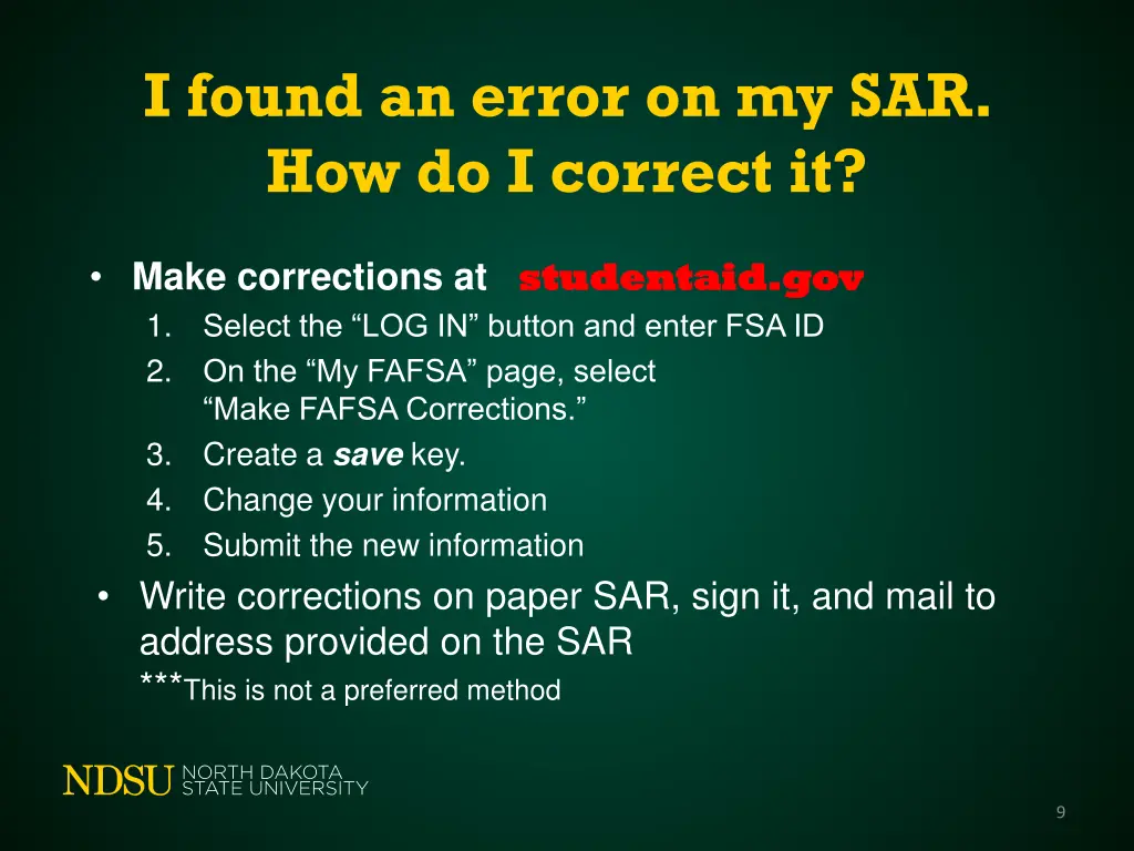i found an error on my sar how do i correct it
