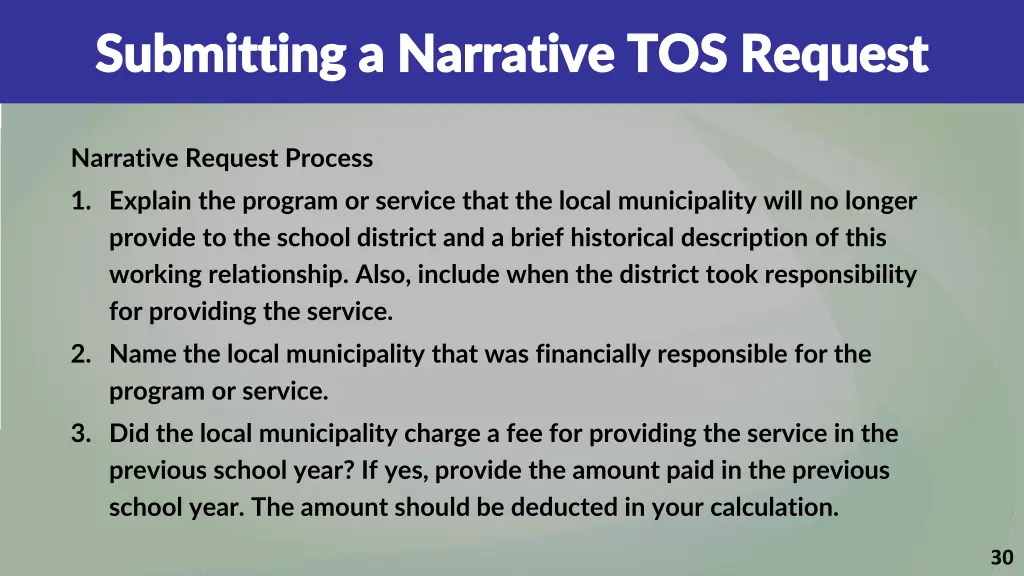 submitting a narrative tos request submitting