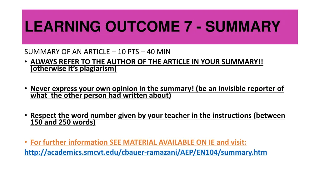 learning outcome 7 summary