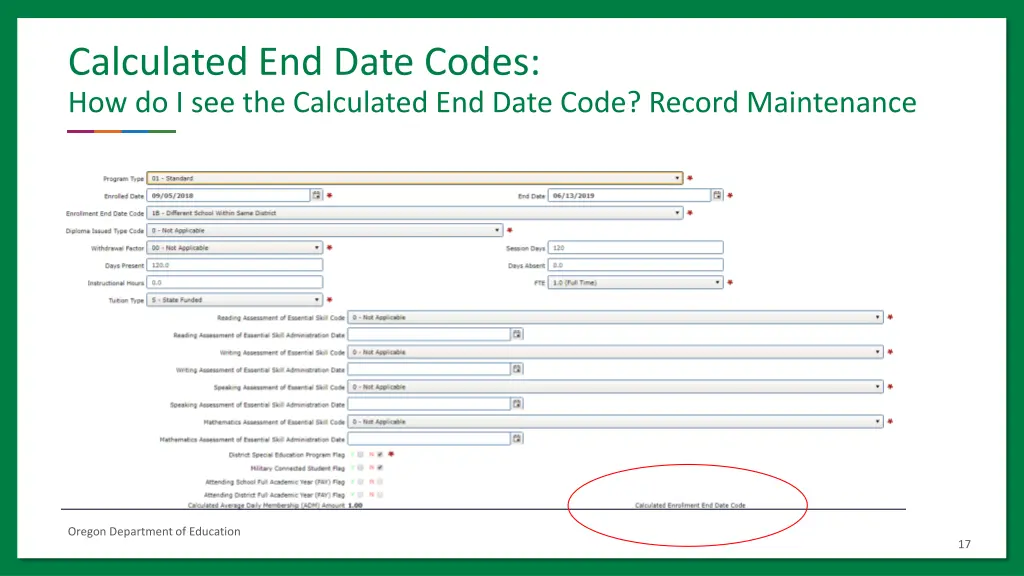 calculated end date codes