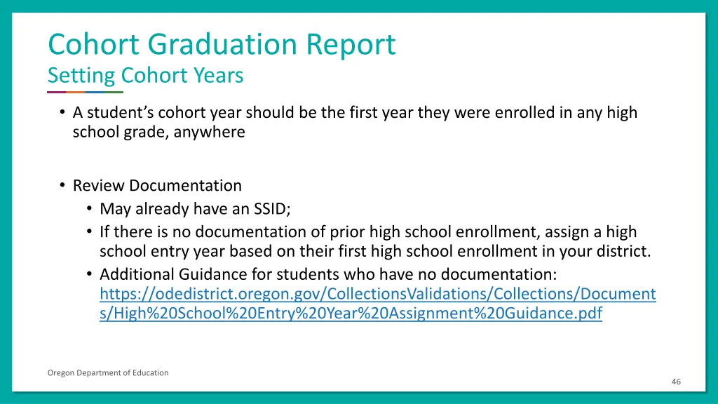 cohort graduation report setting cohort years