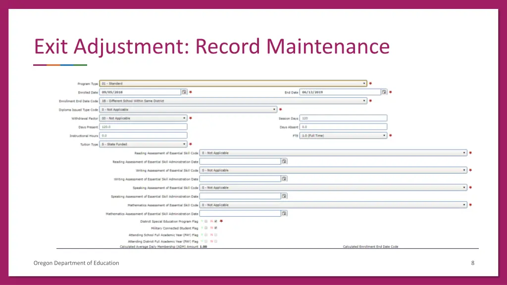 exit adjustment record maintenance