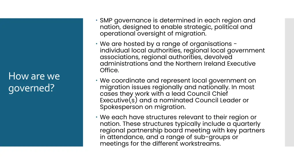 smp governance is determined in each region