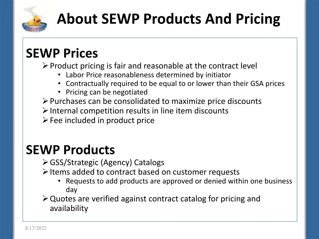 about sewp products and pricing