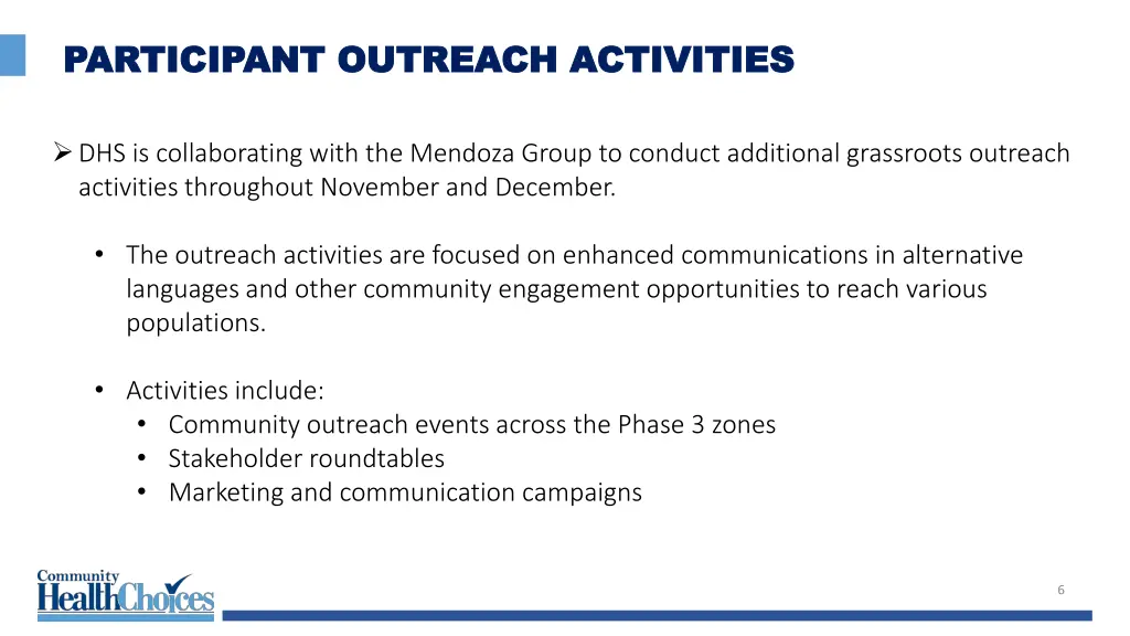 participant outreach activities participant