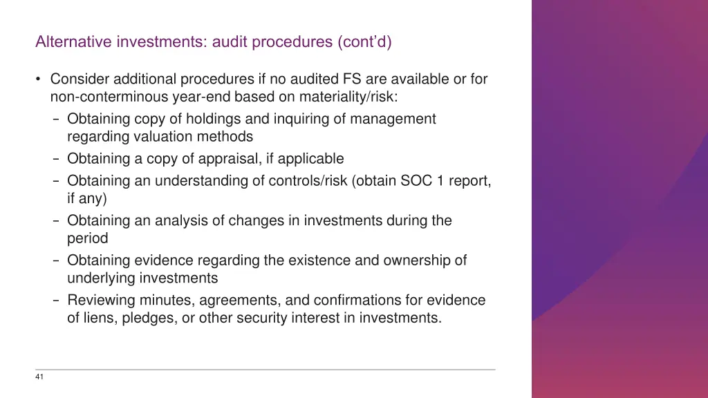 alternative investments audit procedures cont d