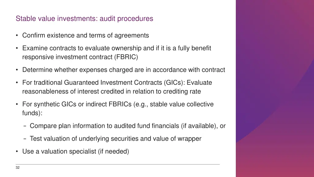 stable value investments audit procedures