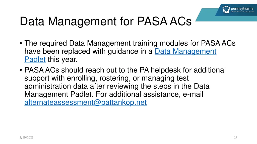 data management for pasa acs