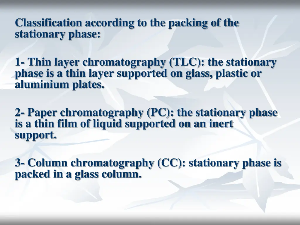 classification according to the packing