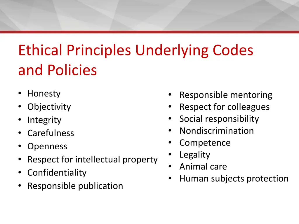 ethical principles underlying codes and policies