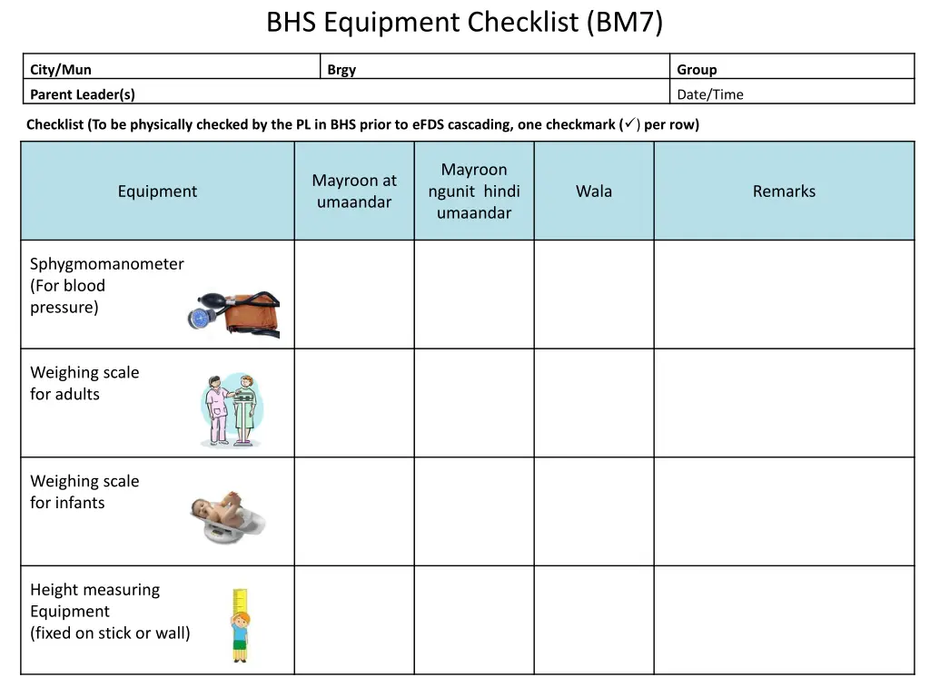 bhs equipment checklist bm7