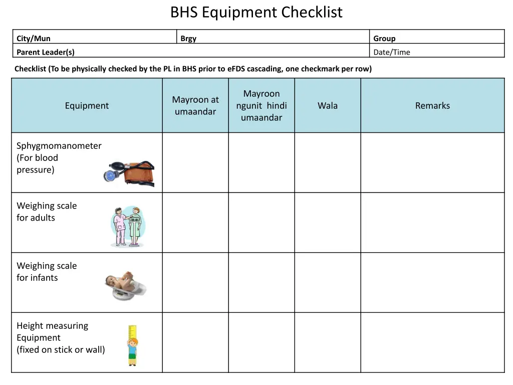 bhs equipment checklist