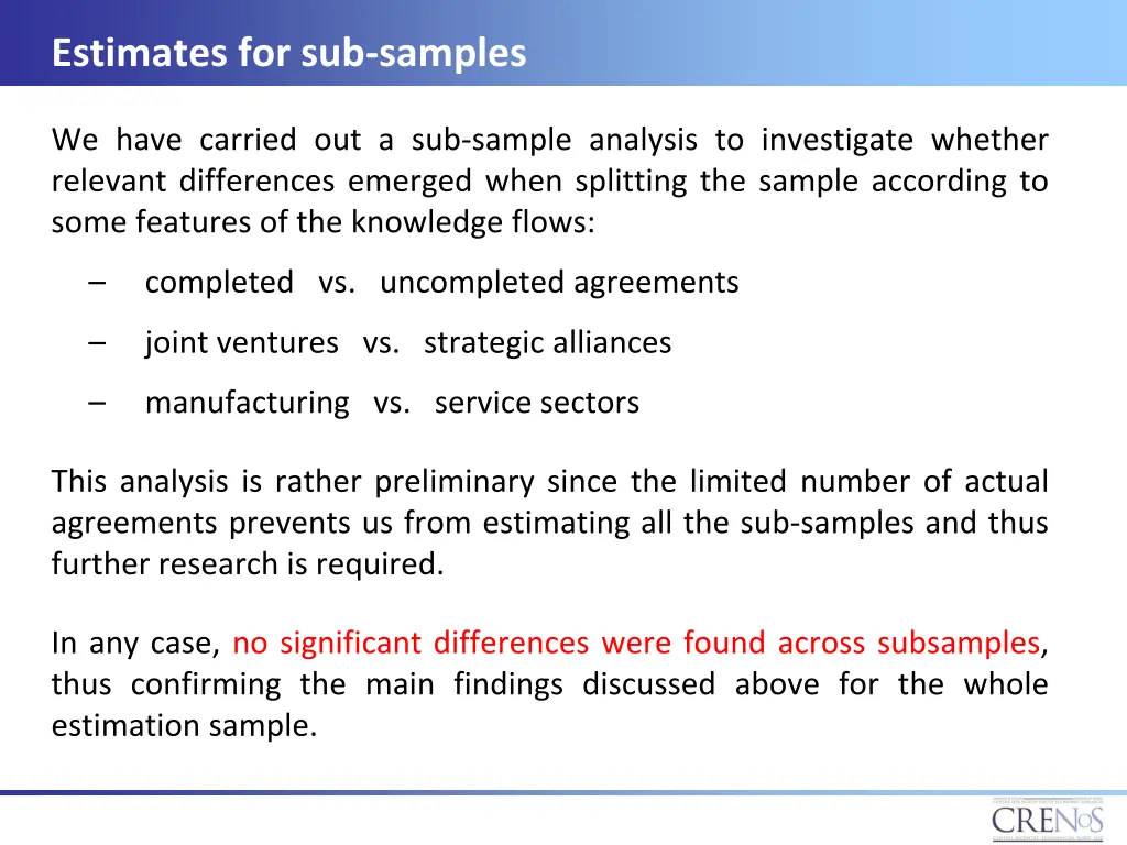 estimates for sub samples
