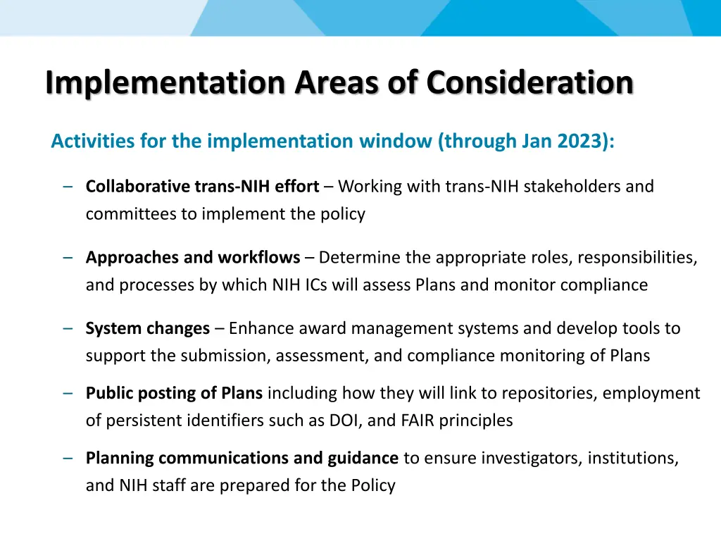 implementation areas of consideration