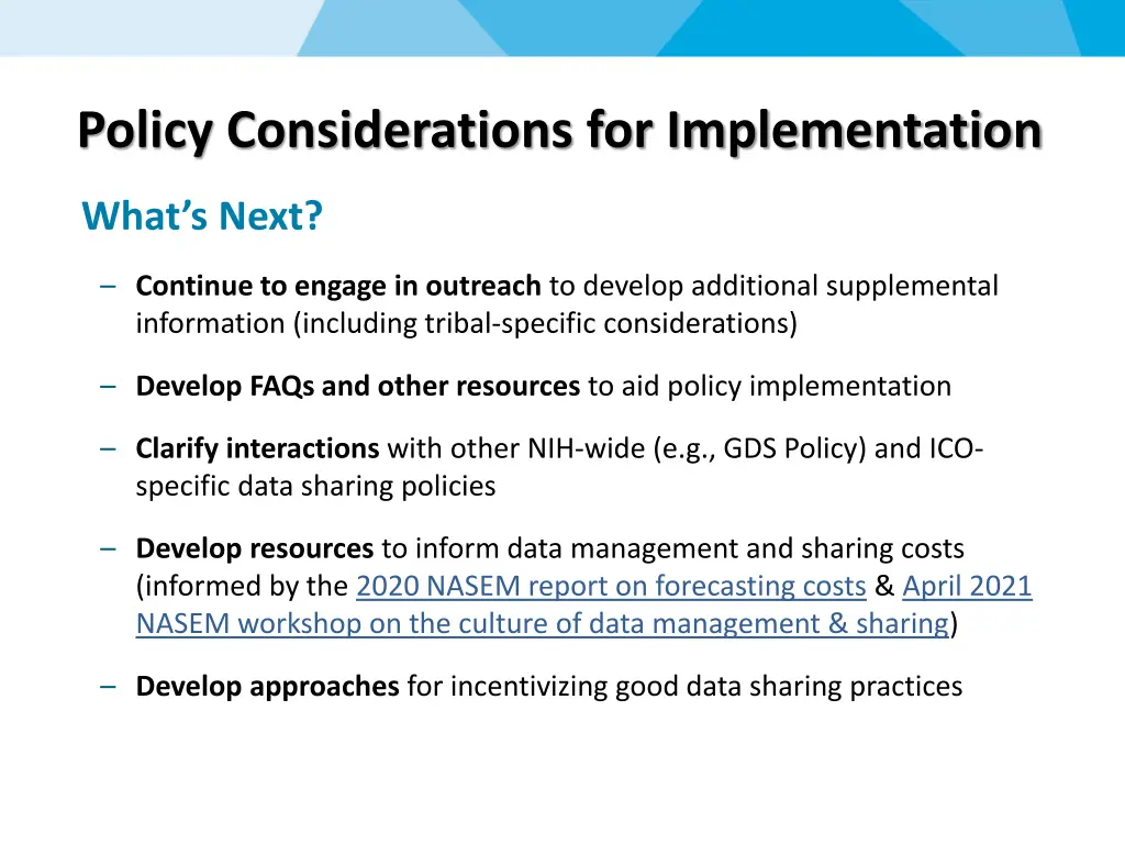 policy considerations for implementation