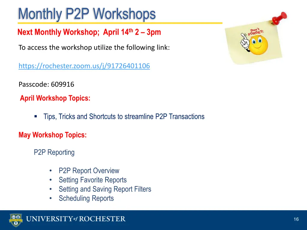 monthly p2p workshops