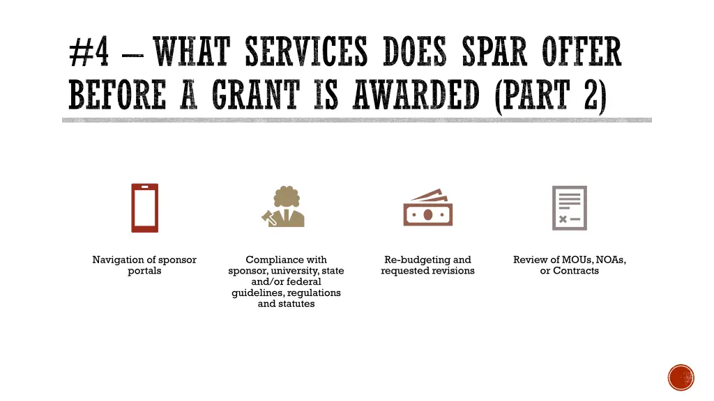 4 what services does spar offer before a grant