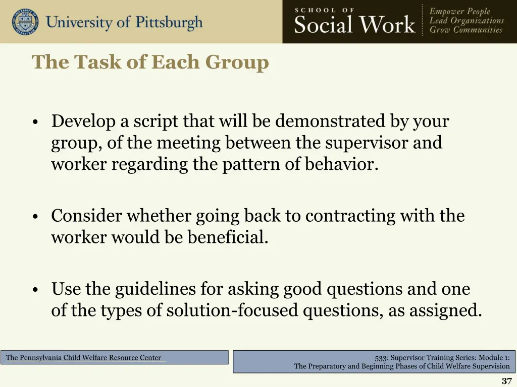 the task of each group