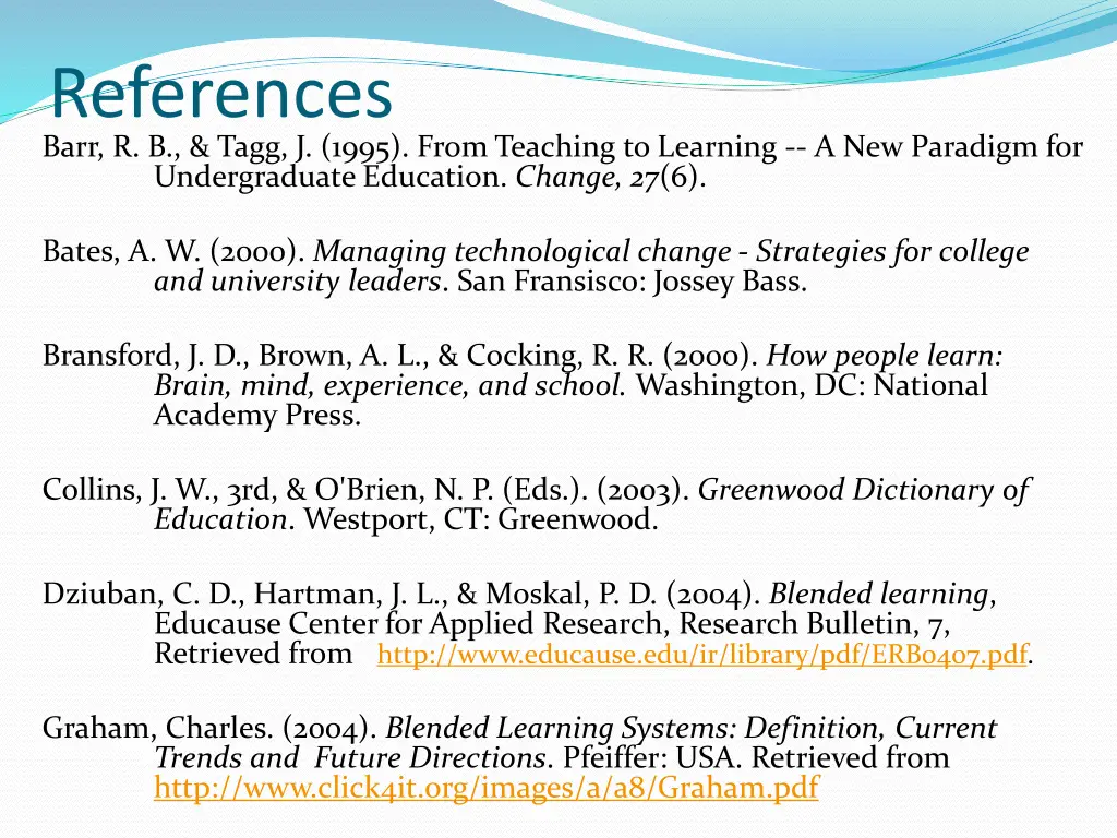 references barr r b tagg j 1995 from teaching