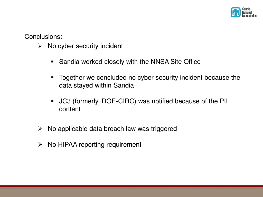 conclusions no cyber security incident