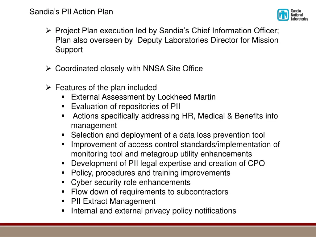 sandia s pii action plan