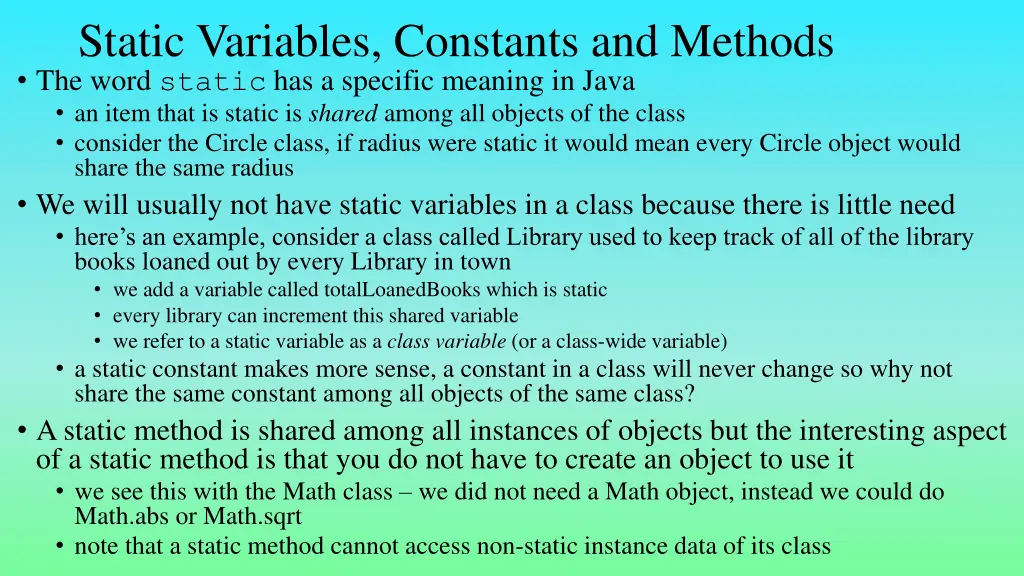 static variables constants and methods the word