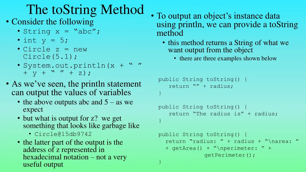 the tostring method consider the following string