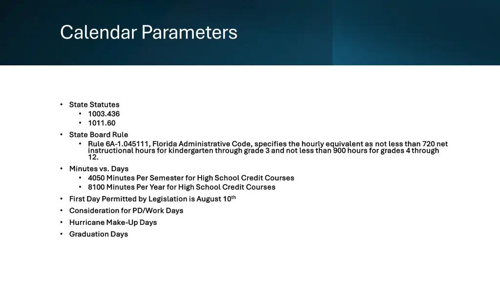 calendar parameters