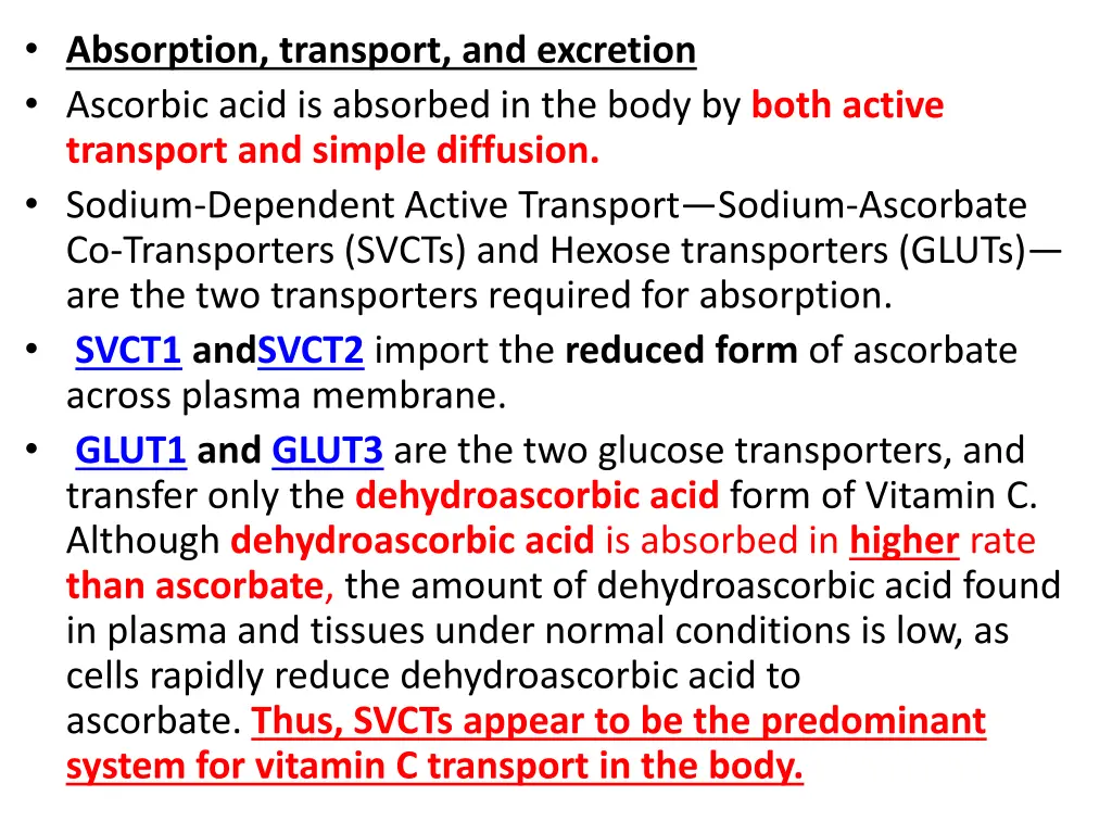 absorption transport and excretion ascorbic acid