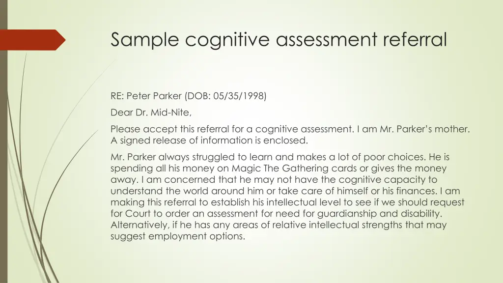 sample cognitive assessment referral