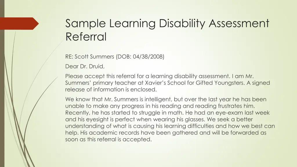 sample learning disability assessment referral