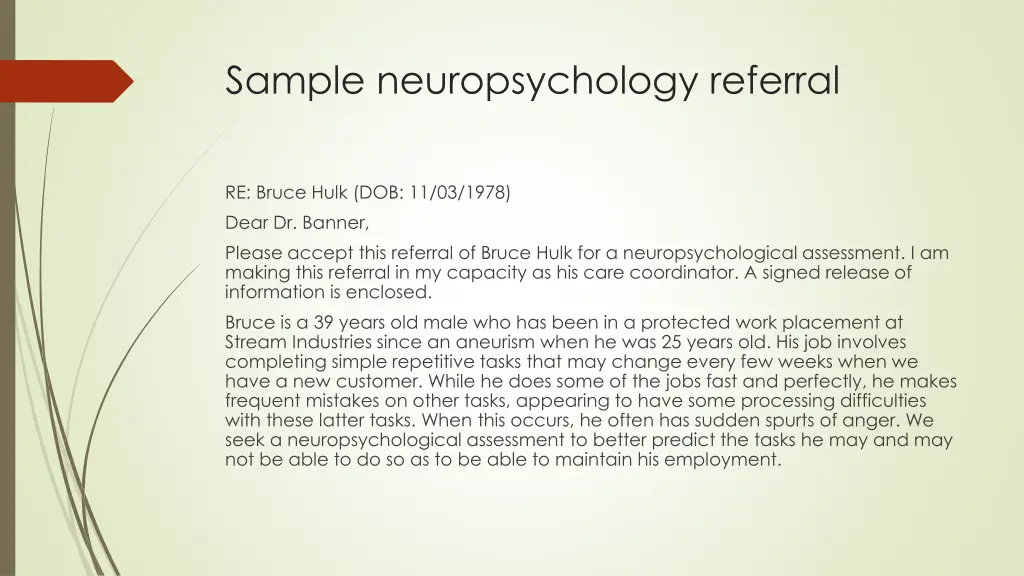 sample neuropsychology referral