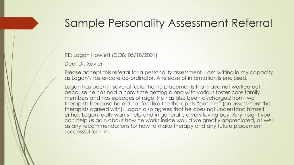 sample personality assessment referral