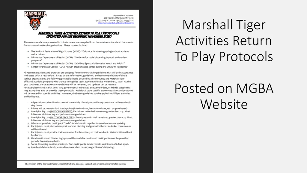 marshall tiger activities return to play protocols